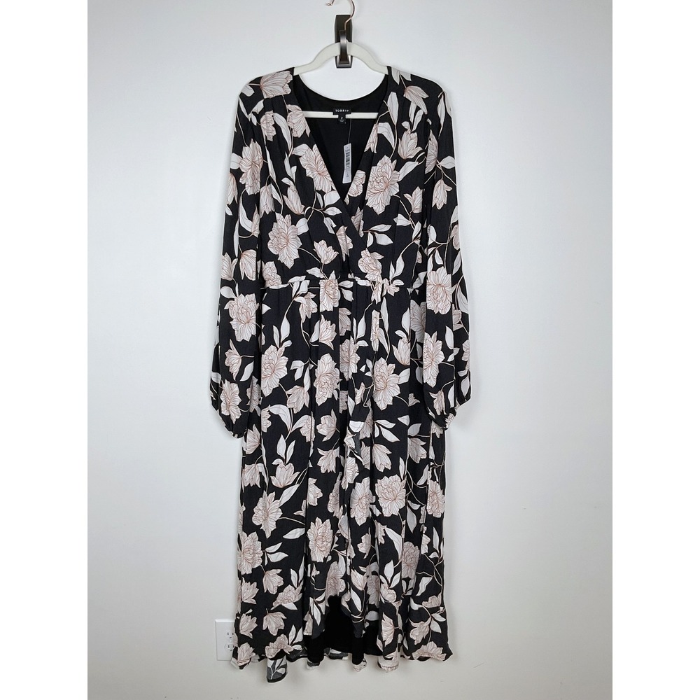 Torrid Women Black Floral Crinkle Gauze Ruffle Surplice Maxi Dress 2 (18-20) NWT